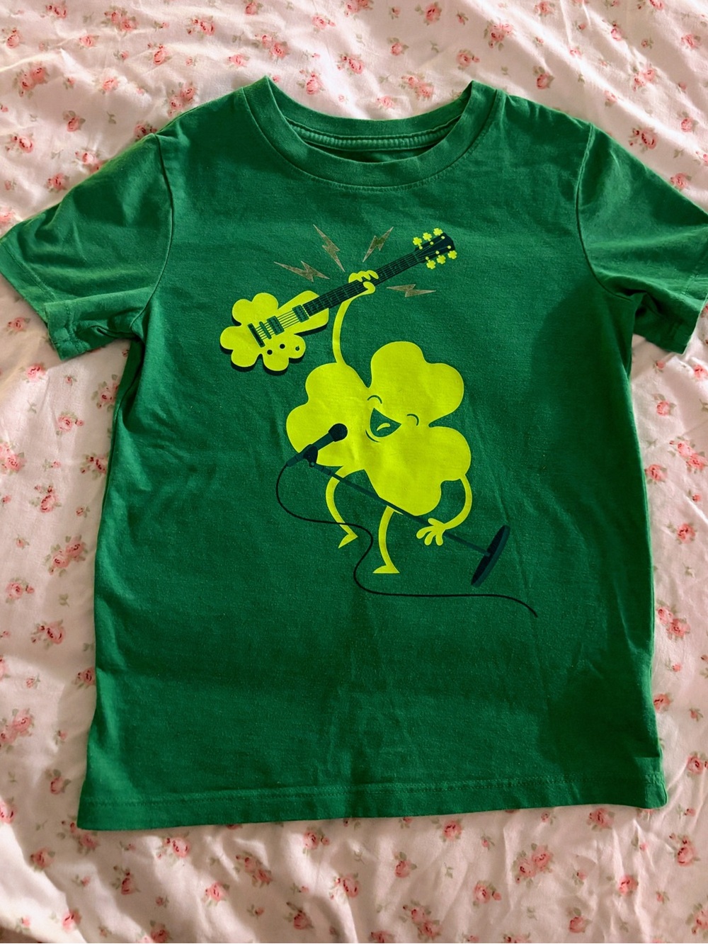 Cat & Jack Green Short-Sleeve Tee with Neon Green Shamrock Guitar Graphic